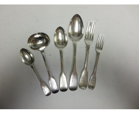 A matched set of 19th Century silver Cutlery, fiddle pattern engraved initials, various dates and makers. viz: 18 Table Spoon