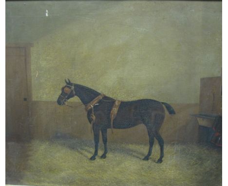 ALBERT CLARK (1843-1928)'Verity', a dark bay horse, wearing a harness in a stable,signed and dated 'Albert Clark 1885' (lower