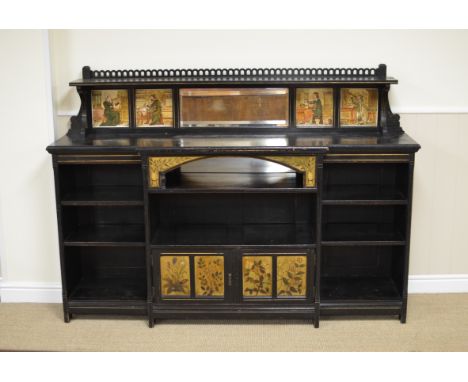A 19th century Aesthetic Movement ebonised Breakfront Sideboard with pierced frieze above four inset Minton type tiles decora