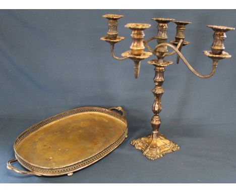 Large plate on copper 4 branch candelabra &amp; silver plated gallery tray