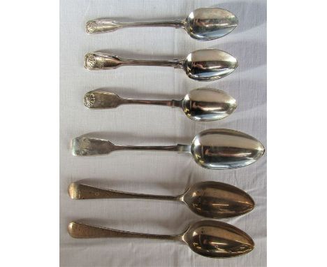 Pair of Elkington &amp; Co silver tablespoons, Birmingham 1929 &amp; 1 other London 1836 and 3 silver dessert spoons, 10.36oz