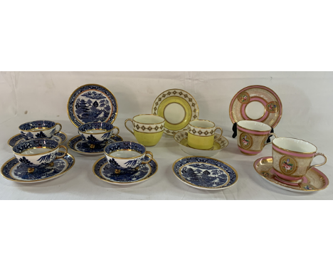 Davenport blue and white tea cups and saucers (some showing signs of repair) Derby yellow tea cup and coffee can with saucers