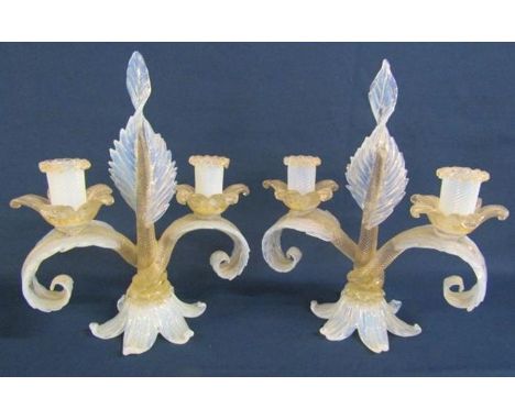 Pair Italian opal art glass candle holders (one showing signs of repair)