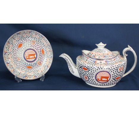 19th century Factory Z porcelain teapot &amp; 20cm saucer decorated in silver lustre with iron red and blue enamels