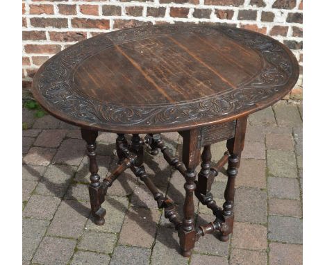 Oak gate leg table with carved top, 106cm x 86cm&nbsp;