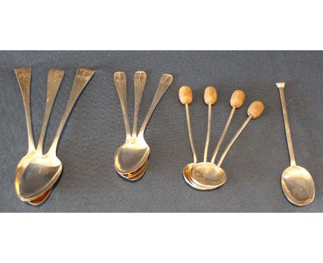 4 silver coffee bean spoons, London 1959, 3 silver teaspoons, Sheffield 1920, 3 silver teaspoons, London 1815 &amp; 1 other, 