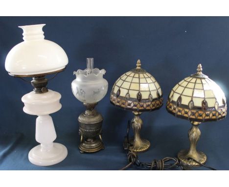 Pair of Tiffany style table lamps, glass paraffin lamp &amp; small 19th century paraffin lamp with lions head detail