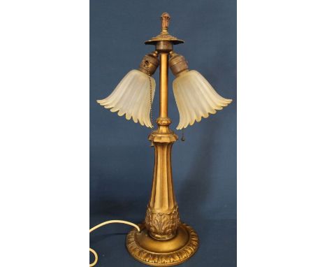 Decorative twin lamp table lamp with frosted glass shades and acanthus leaf decoration to lamp base