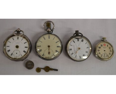 Three silver pocket watches plus one other - all incomplete, plus a key &amp; a small compass