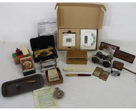 Collection of items including jockey club opera glasses, Parker '51' fountain pen, state express cigarette tin and an unused 