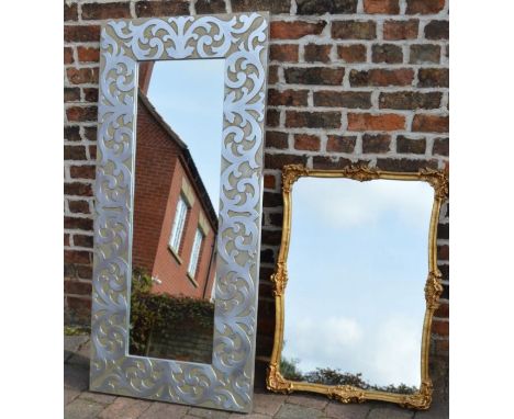 Large modern silver framed mirror, H147cm x W69cm, and an ornate gilt framed wall mirror&nbsp;