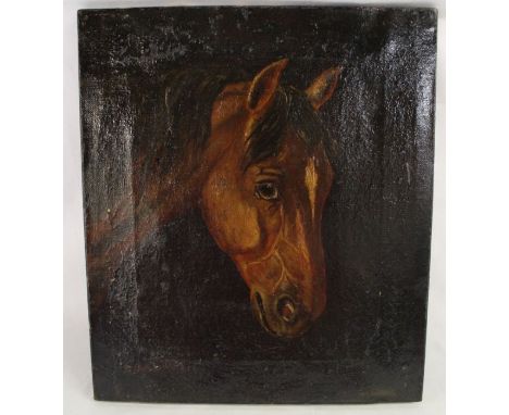 Unframed oil on canvas portrait of a horses head with indistinct signature, the reverse bearing label "From Henry Nathan &amp
