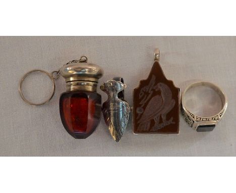 White metal intaglio pendant, signet ring stamped 925 Petek, napkin clip stamped 925 &amp; a white metal &amp; ruby glass inc