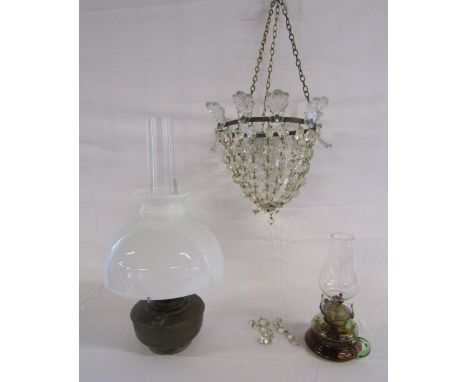Vintage glass light shade (some drops possibly missing), glass oil lamp and Aladdin Model 12 oil lamp with milk glass shade