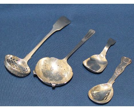 Georgian silver tea strainer, London 1827 &amp; one other London 1942 and 2 silver caddy spoons London 1818 &amp; 1842, 3.95o