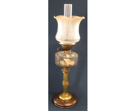 19th century copper &amp; brass paraffin lamp with glass reservoir and etched glass shade