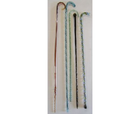 5 glass canes - heavy clear glass walking stick with outer red and white spiralling canes and containing blue and green spira