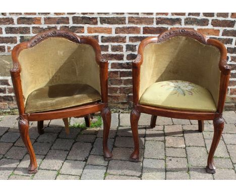 Pair of carved tub chairs (one with tapestry seat) for re-upholstery