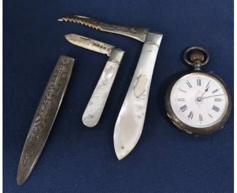 2 mother of pearl fruit / pen knives with silver blades, silver mount &amp; silver crown wind fob watching (appears to be wor