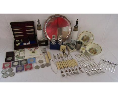 Collection of items including Bunnykins breakfast set, silver plate tray and cutlery, coins including Churchill, £2 coin etc