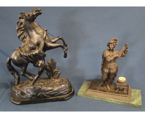 Spelter Marley Horse figure (damage to front leg) &amp; Medieval court musician playing a lute with ink stand on marble base