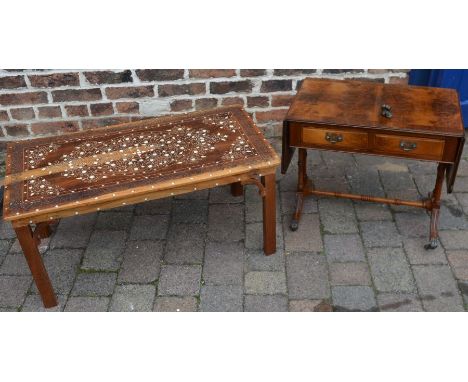 Reproduction sofa table (castor to reattach) and a bone inlaid coffee table&nbsp;