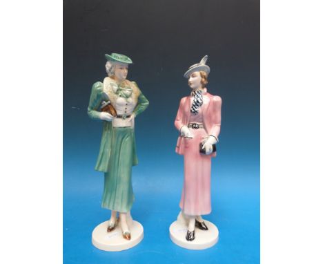 A pair of German Art Deco figurines, probably Oeslau with impressed marks to base FF116/2 and FF107/2 (W Goebel interest)