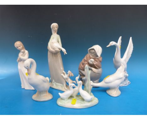 Seven Nao figures including geese, a swan, a girl with goose and a puppy etc (tallest 28cm)