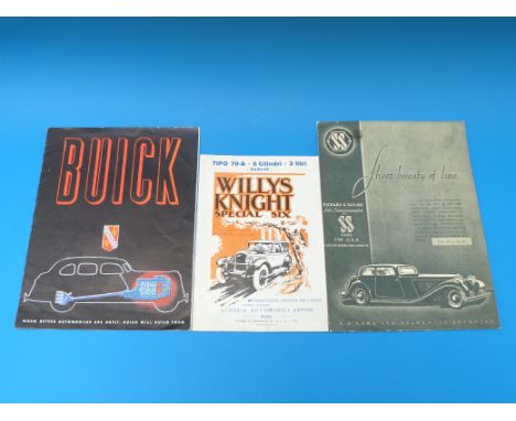 An SS (Jaguar) advertising pamphlet dated 1935, 1938 Buick pamphlet and a Willys Knight special six leaflet 