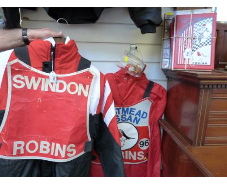 A quantity of speedway memorabilia and clothing including enamel badges, riders 'Swindon Robin' vests, jackets, books etc 