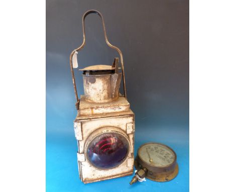 A railway train heat steam pressure gauge with silvered dial together with a BR (W) lamp