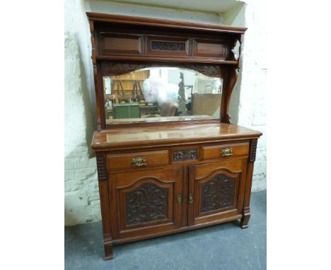 A late 19thC mahogany mirror backed sideboard with shaped bevelled mirror and shelf to top, the base fitted two drawers and t