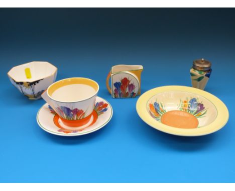 A small selection of "Crocus" pattern ceramics and a sifter with Wilkinson England to base