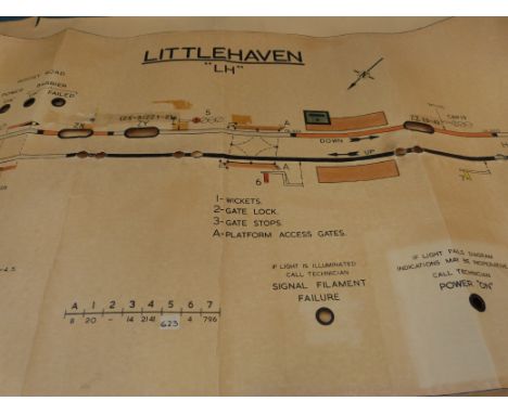 Three railway signal box diagrams with light slots etc for Littlehampton, Salfords and Drayton 