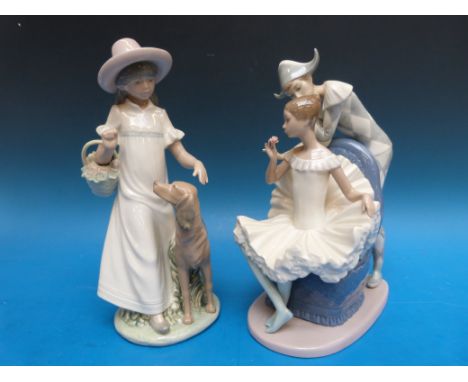 Two large Nao figures comprising Harlequin with ballet dancer and girl with dog (tallest 31cm)