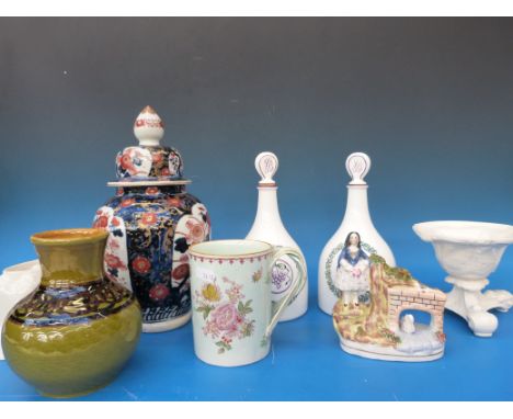 An Oriental covered vase, pair of Georgian style decanters, Spode bowl, Adams mug etc