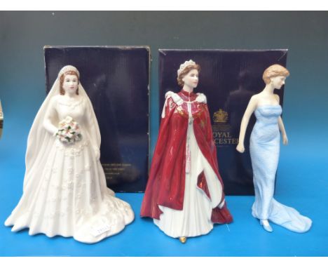 Royal Worcester 'Queen Elizabeth' figurine (80th Birthday) and another as a bride together with a Royal Doulton 'Princess Dia