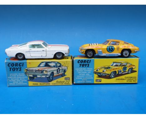 Two Corgi Toys diecast model vehicles customized Chevrolet Corvette Sting Ray 337 and Ford Mustang Fastback 2+2 competition m