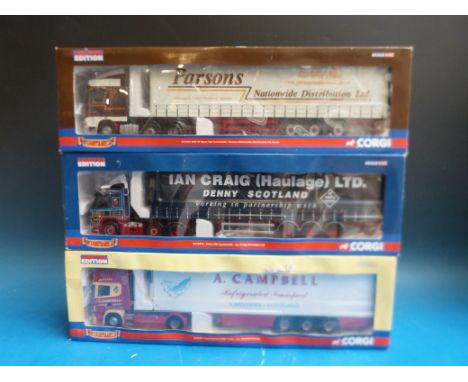 Three Corgi Hauliers of Renown 1:50 scale diecast model lorries Ian Craig Haulage Ltd cc13512, A. Campbell cc12920 and Parson