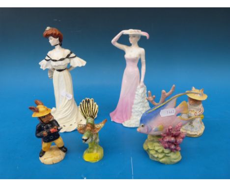 Two Coalport figurines, Bunnykins, Royal Worcester fish, etc 