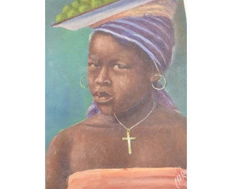 Christo oil portrait of an African lady carrying fruit (signed), 38 x 28 cm 