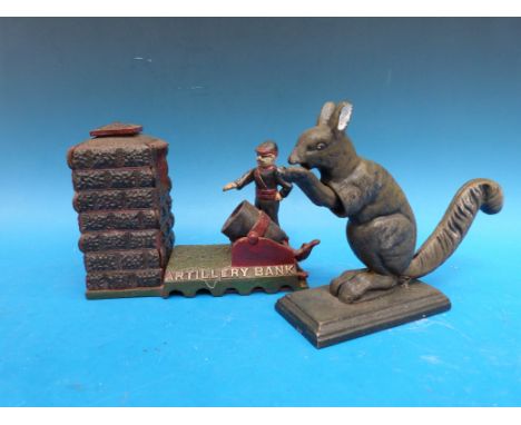 A cast metal Artillery Bank money box and a squirrel nutcracker