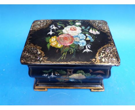 A lacquer bombe-shaped tea caddy with hand-painted floral scene inlaid pearl and gilt decoration and fitted interior (17 x 13