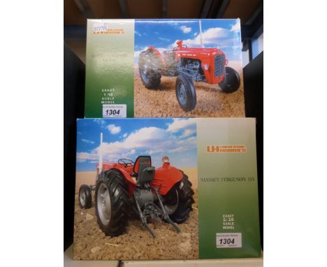 Two Universal Hobbies 1:16 scale diecast model tractors Massey Ferguson 135 and Massey Ferguson MF35X, both in original boxes