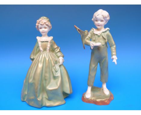 Royal Worcester figures "Grandmother's Dress" and "Parakeet Boy" in green colourway