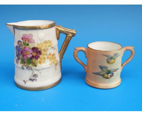 A miniature Royal Worcester jug with blue tit decoration together with a miniature Royal Worcester jug in the style of a coop