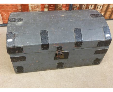 A 19thC painted metal bound domed trunk