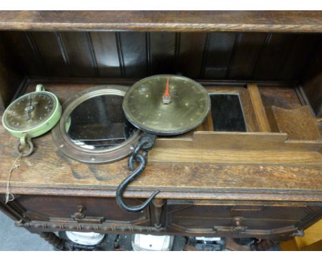 Two pairs of Salter scales, a porthole mirror and an oak hall mirror