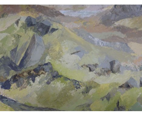 An abstract oil on board of Snowdonia, 45 x 58 cm 