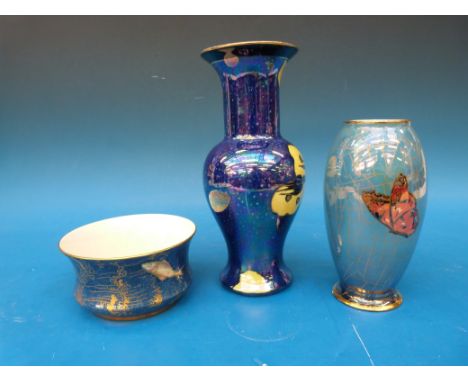 Three Carltonware lustre items, one decorated with fish, another with birds and one with butterflies